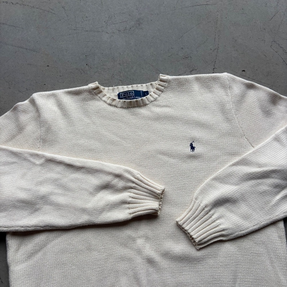Vintage 90s Polo Ralph Lauren Cream Cotton Knit Crewneck Sweater Mens Large
